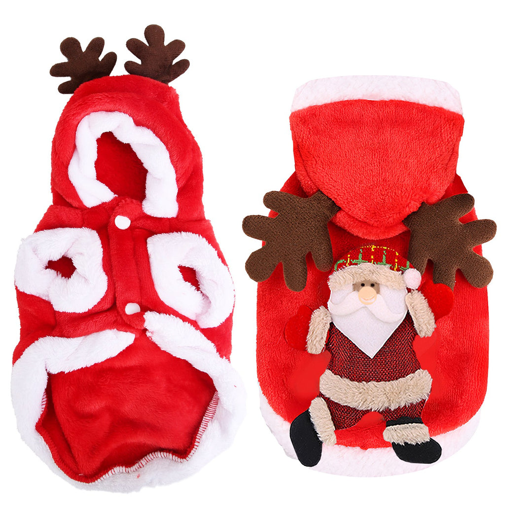 Red Christmas dog hoodie, front and back with Santa design