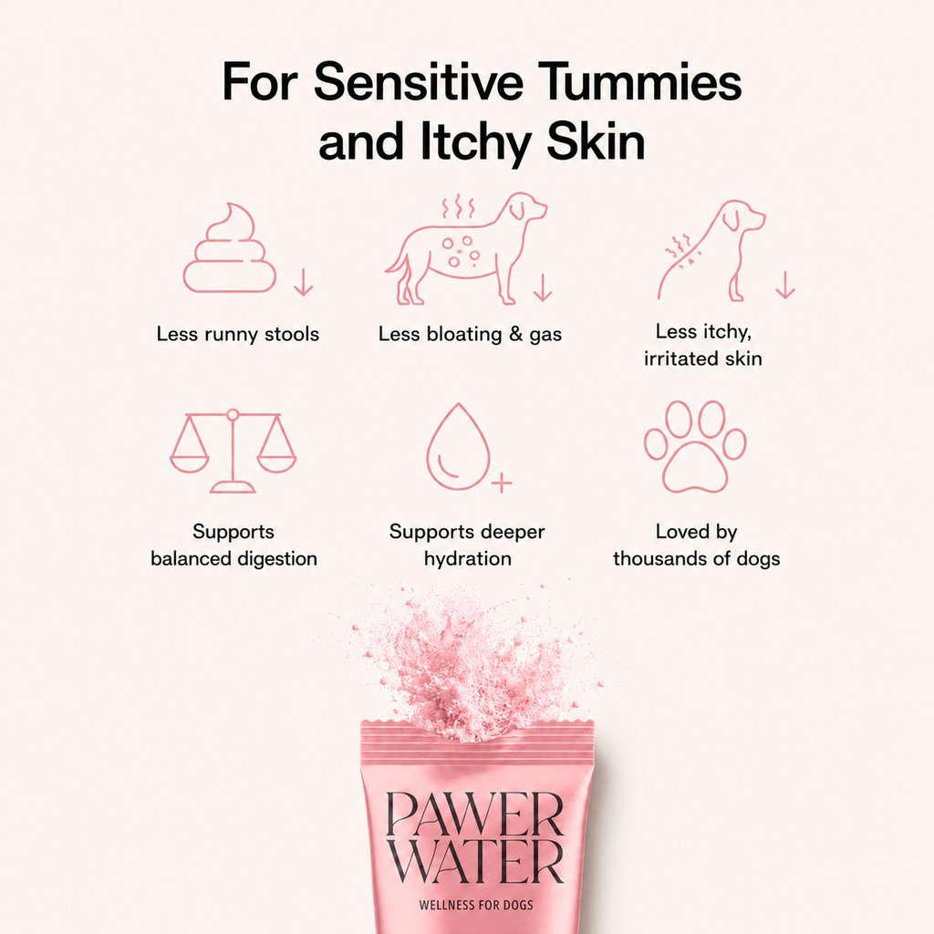 Supplier infographic with icons above a pink Pawer Water pouch with powder burst