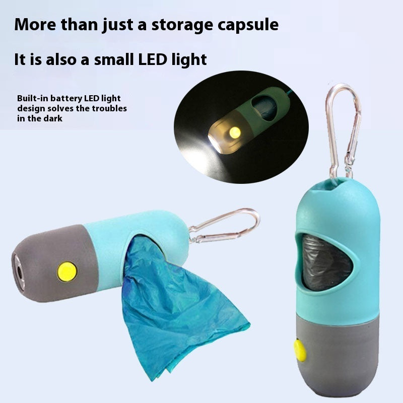 LED poop bag dispenser lighting up, with bag pulled out of the window