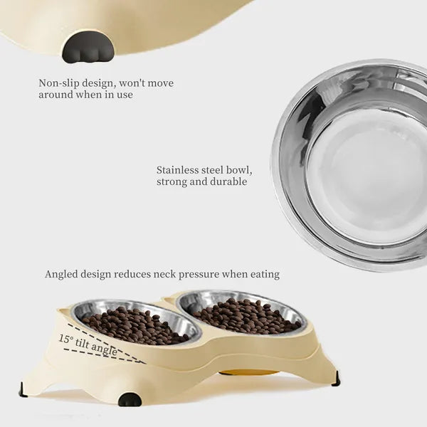Double bowl in cream showing non-slip feet and 15 degree tilt with kibble
