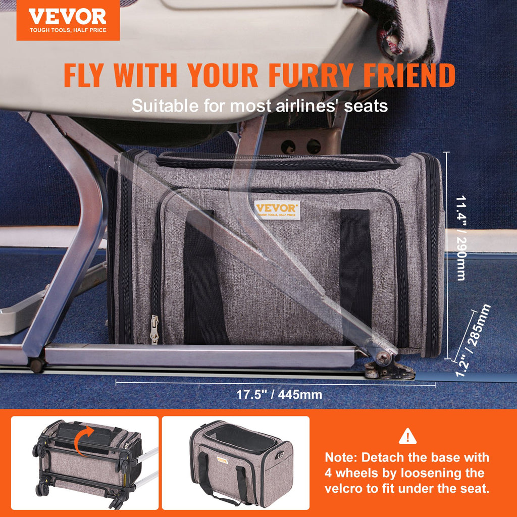 Grey pet carrier tucked under an aircraft seat with the wheels removed