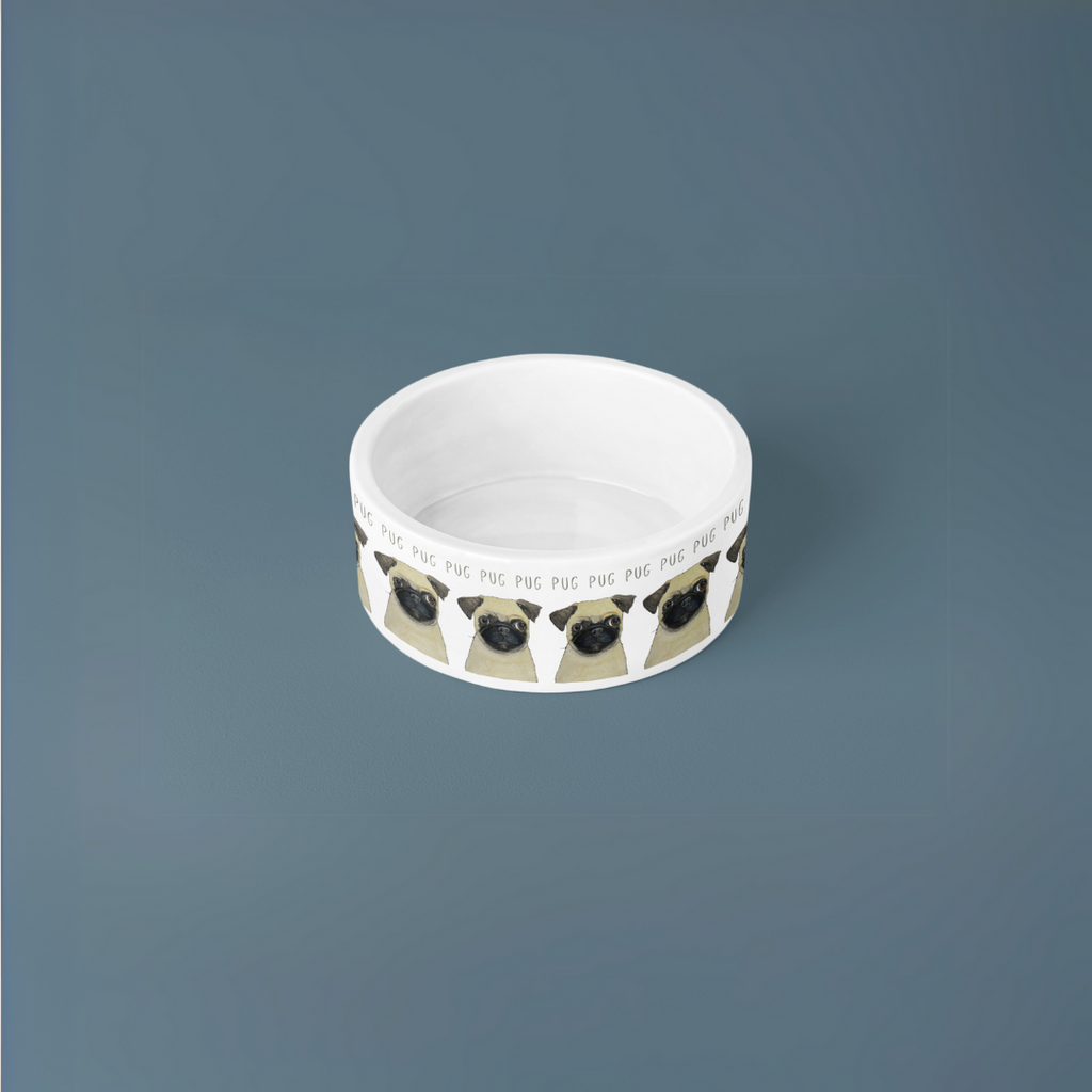 Top view of the white pug ceramic dog bowl showing its glazed inside, on a slate blue background