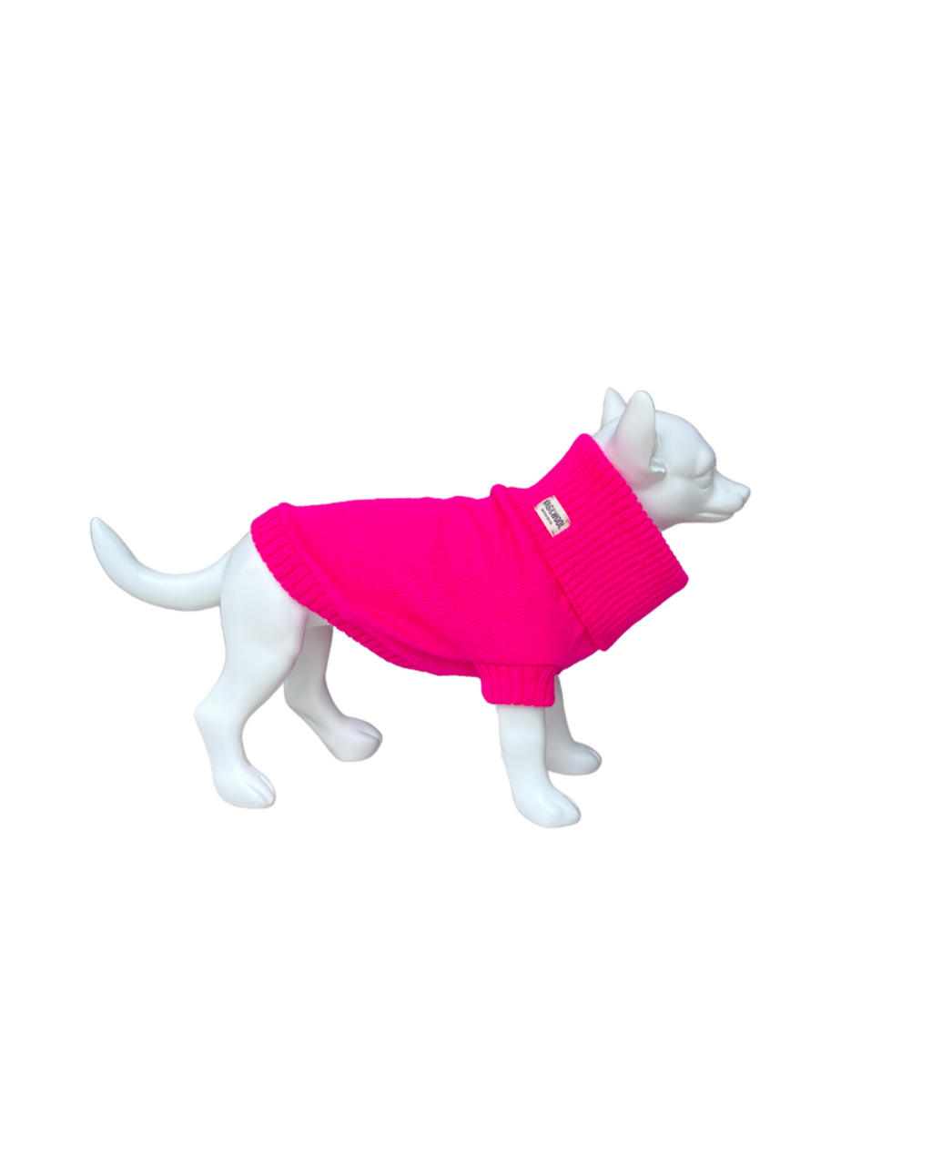 Fandango pink British wool dog jumper on a white dog mannequin