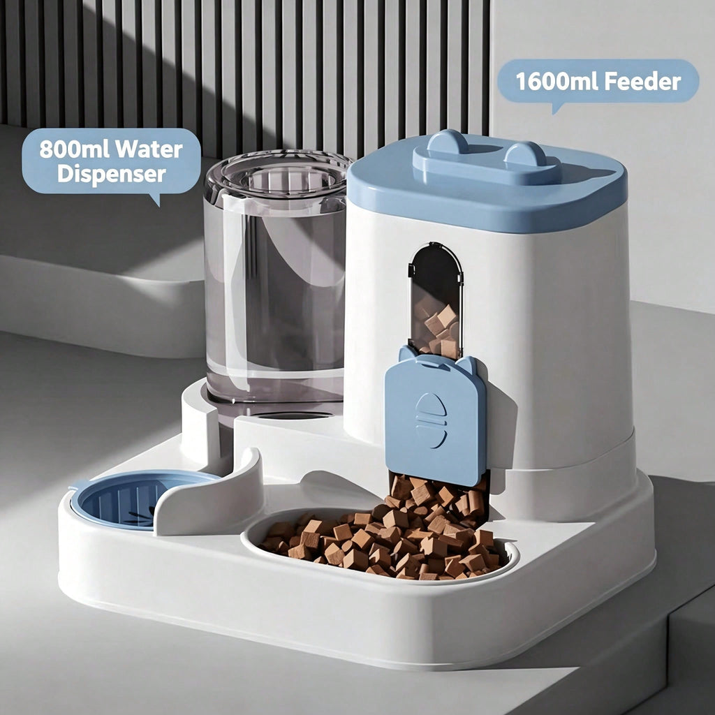 Blue gravity pet feeder with 1600ml food hopper and 800ml water dispenser