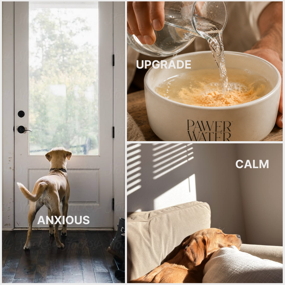 Collage: dog at a door, water poured into a Pawer Water bowl, dog resting on a sofa