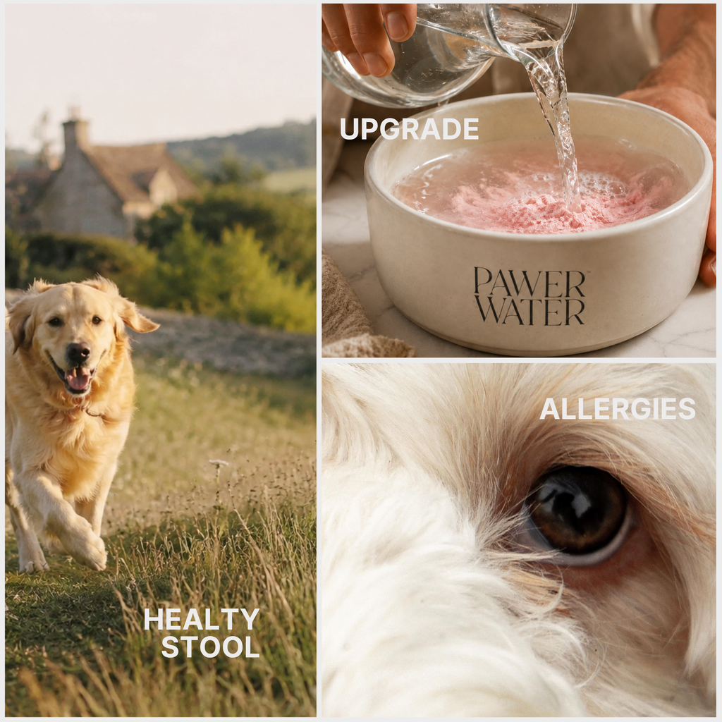 Collage: golden retriever running in a field, water poured into bowl, close-up of dog eye
