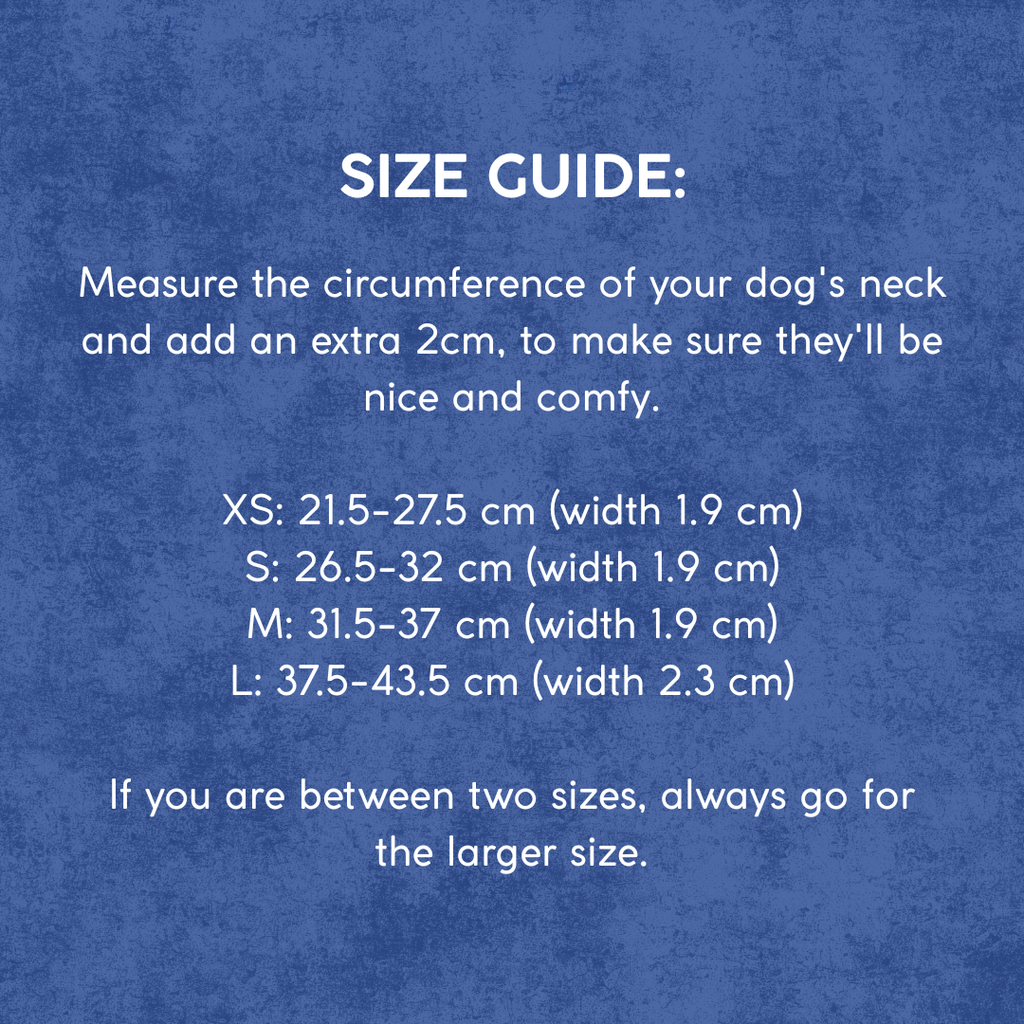 Star collar size guide: XS 21.5-27.5cm, S 26.5-32cm, M 31.5-37cm, L 37.5-43.5cm