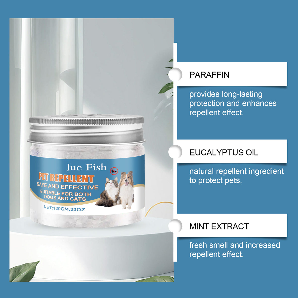 Jar of scent gel with notes on paraffin, eucalyptus oil and mint extract