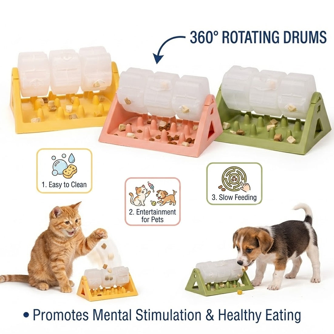 Rotating slow feeder in yellow, pink and green, with a cat and puppy using it