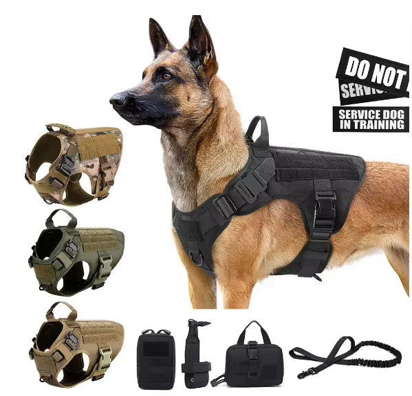 German Shepherd wearing a black tactical dog harness, with other colours and optional extras shown