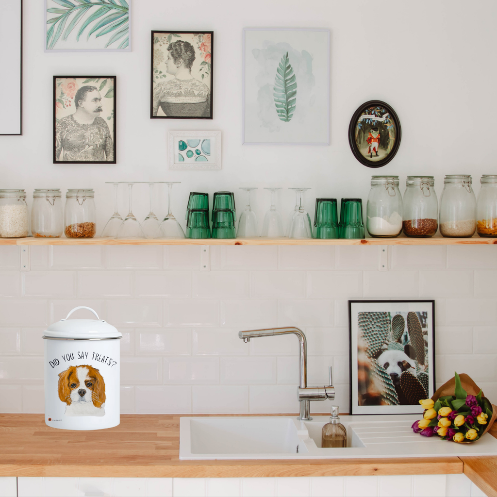 Cavalier enamel treat jar on a kitchen counter by the sink, with open shelves behind
