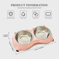 Pink double stainless steel food and water bowl with size guide