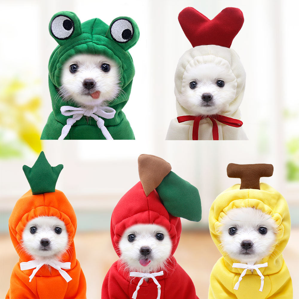 Fruit dog hoodie styles: frog, banana, carrot, heart and more