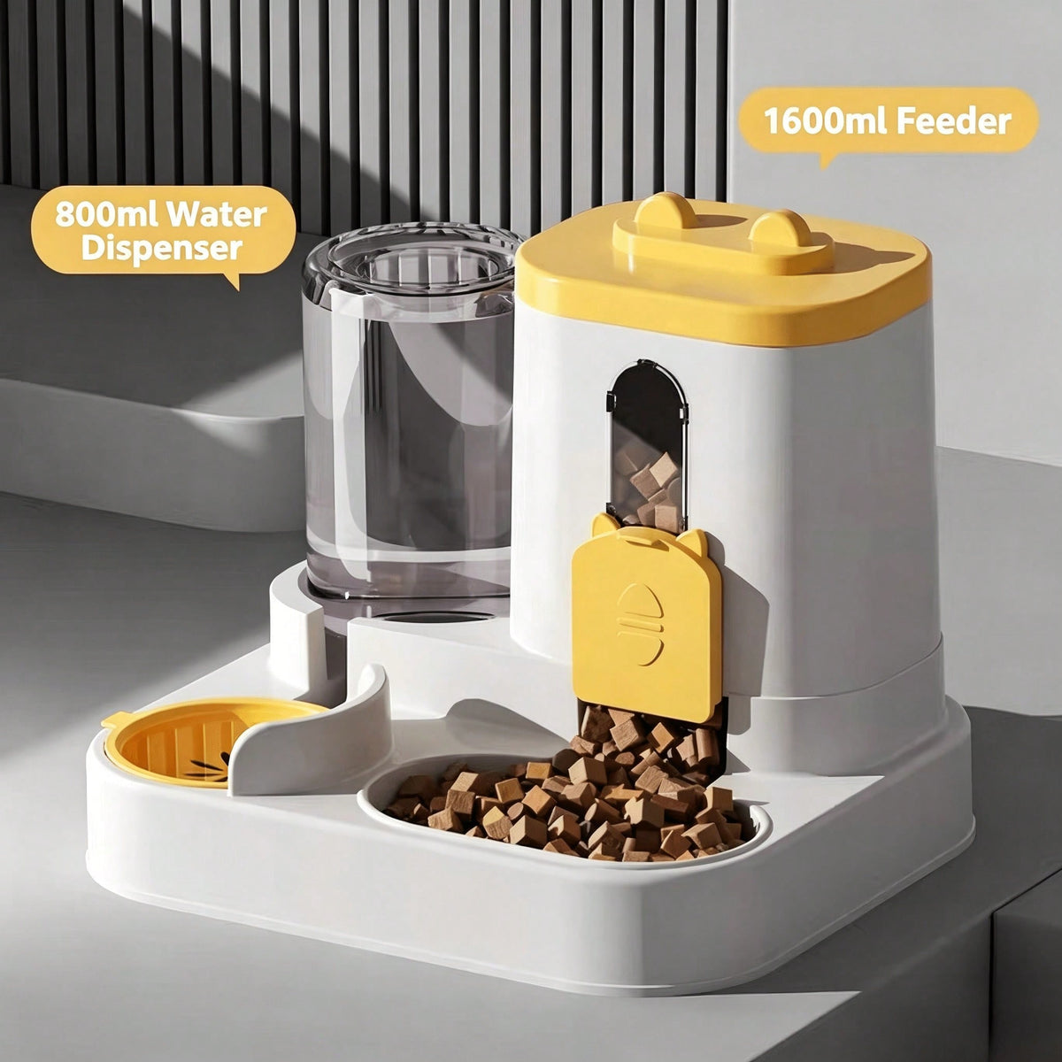 Yellow gravity pet feeder with 1600ml food hopper and 800ml water dispenser