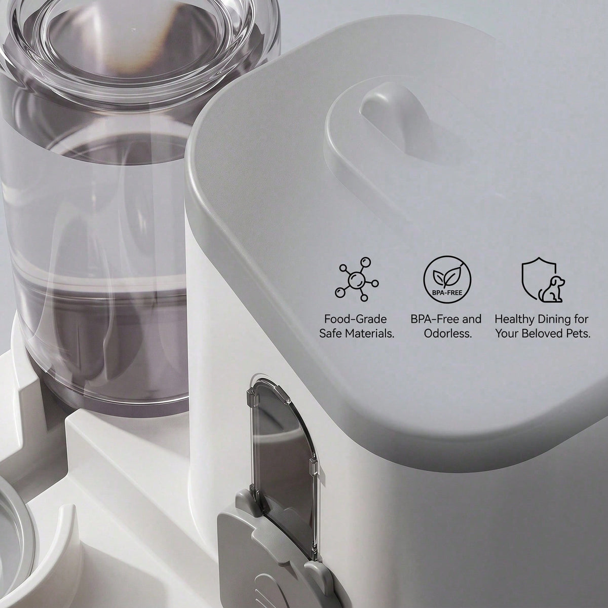 Close-up of the pet feeder hopper and water tank