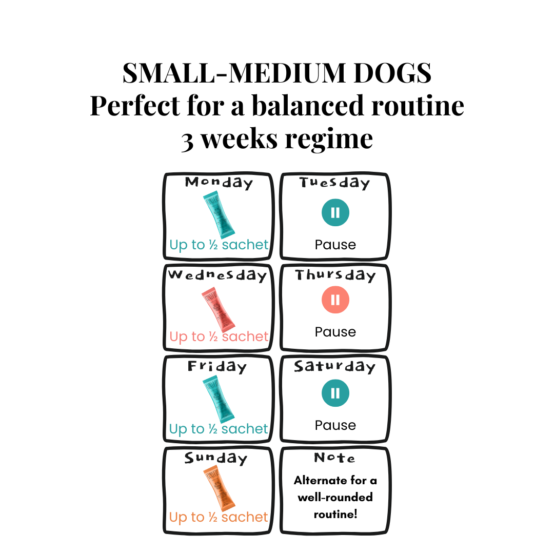 Weekly serving calendar for small to medium dogs, alternating formulas