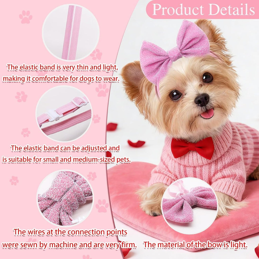 Yorkie in a pink jumper wearing a pink bow headband, with elastic close-ups