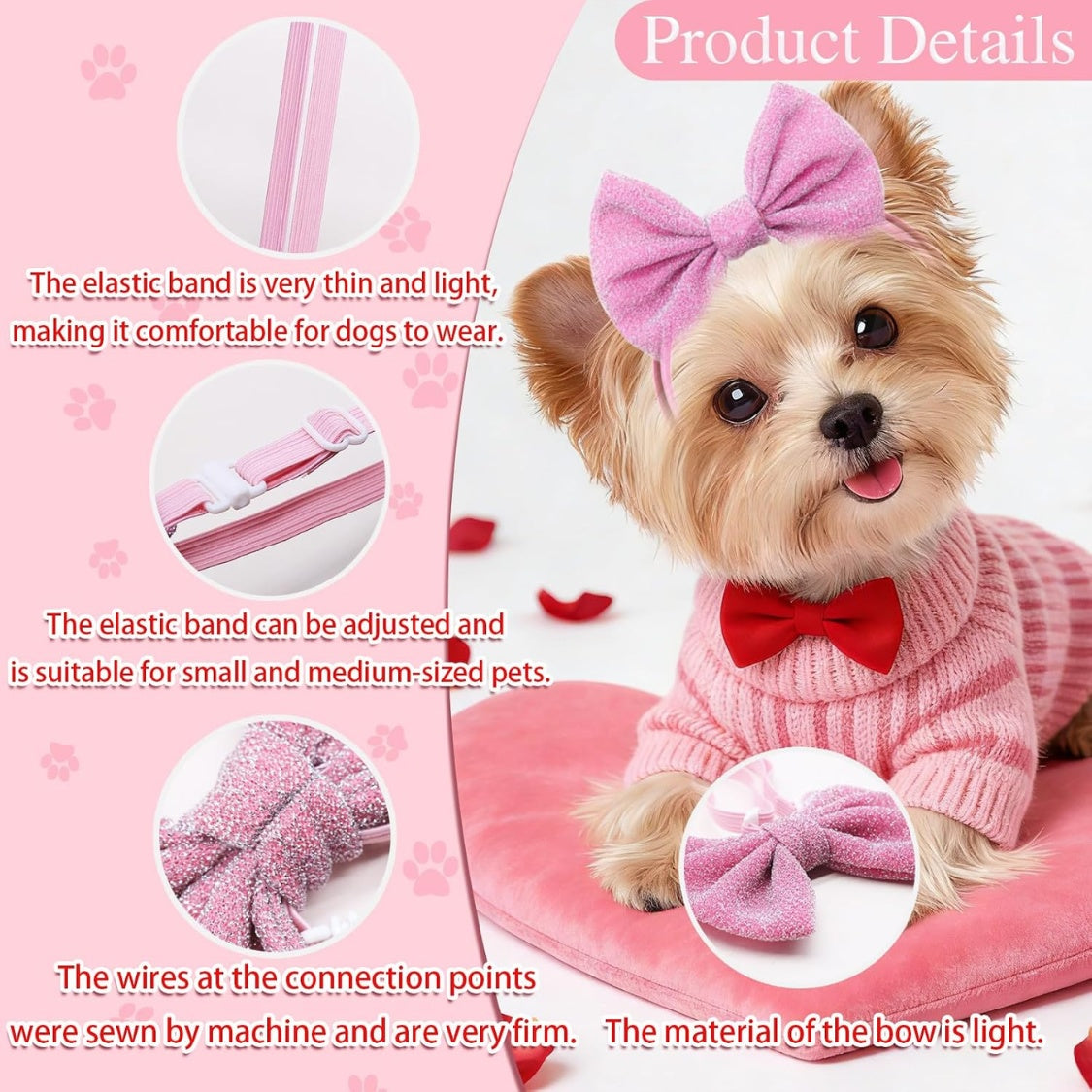 Yorkie in a pink jumper wearing a pink bow headband, with elastic close-ups