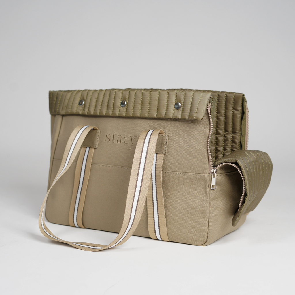 Taupe canvas dog carrier bag with quilted top and striped handles