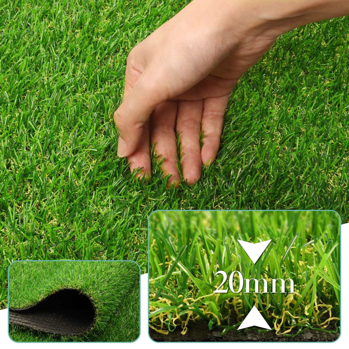 Hand brushing the soft 20mm blades of the artificial grass mat