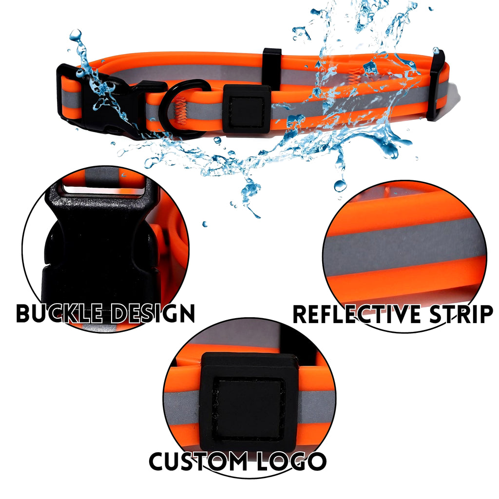 Orange reflective collar splashed with water, with buckle and strip close-ups