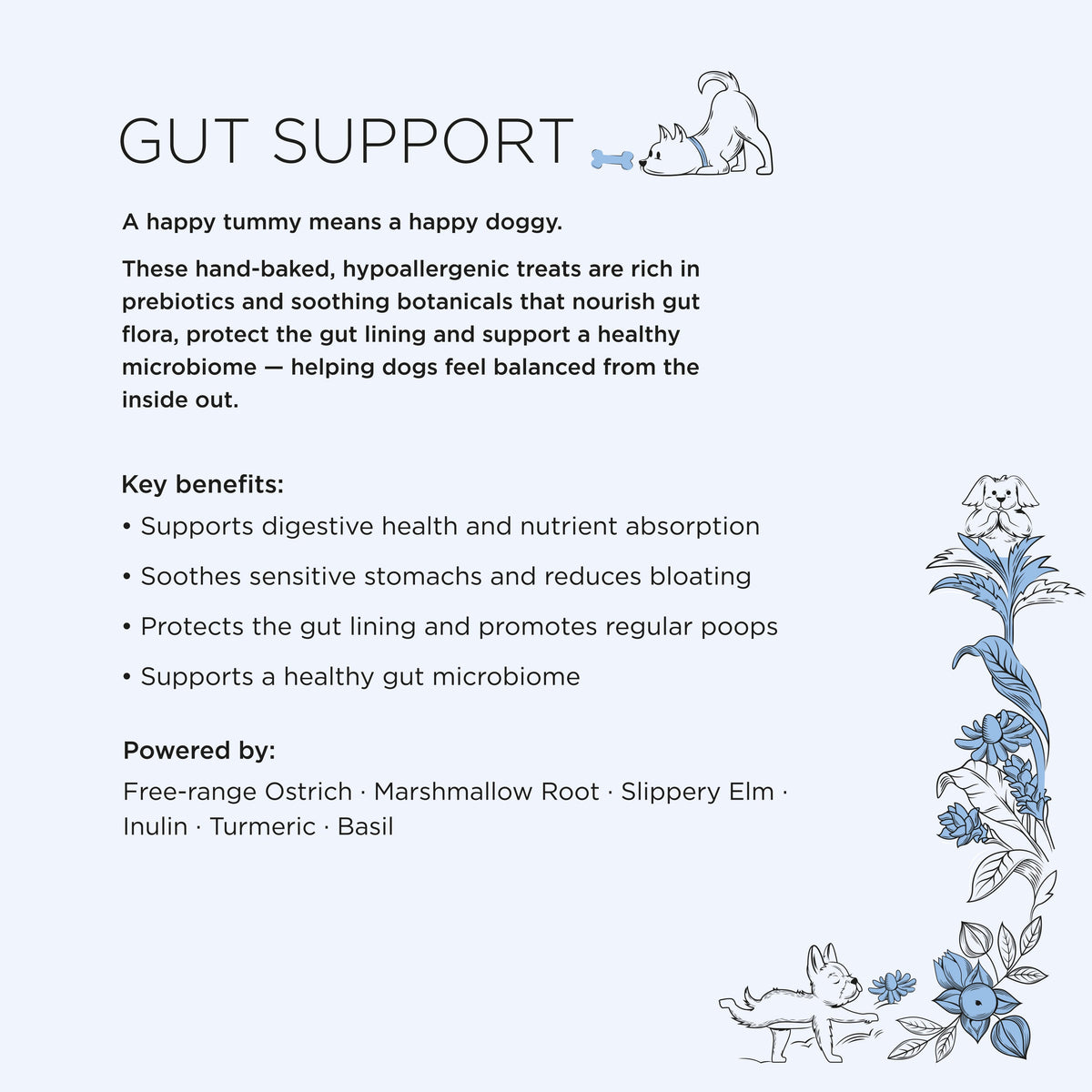 Gizzls Gut Support ingredients card listing ostrich, marshmallow root, slippery elm, inulin, turmeric and basil