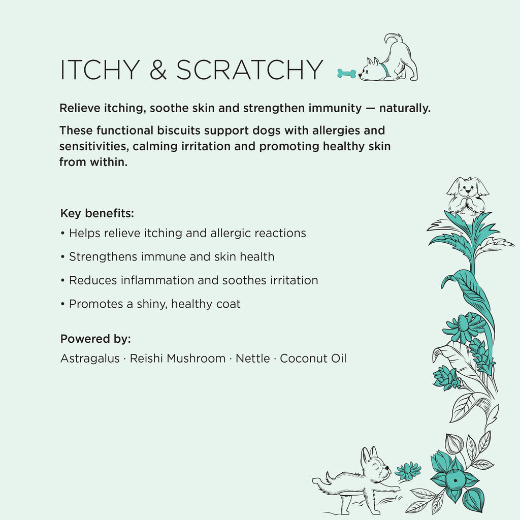 Gizzls Itchy & Scratchy ingredients card listing astragalus, reishi mushroom, nettle and coconut oil