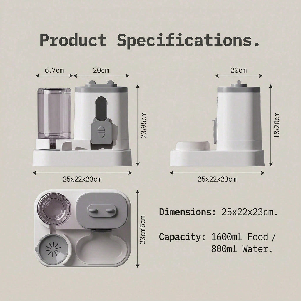 Pet feeder size guide: 25 x 22 x 23cm, 1600ml food, 800ml water