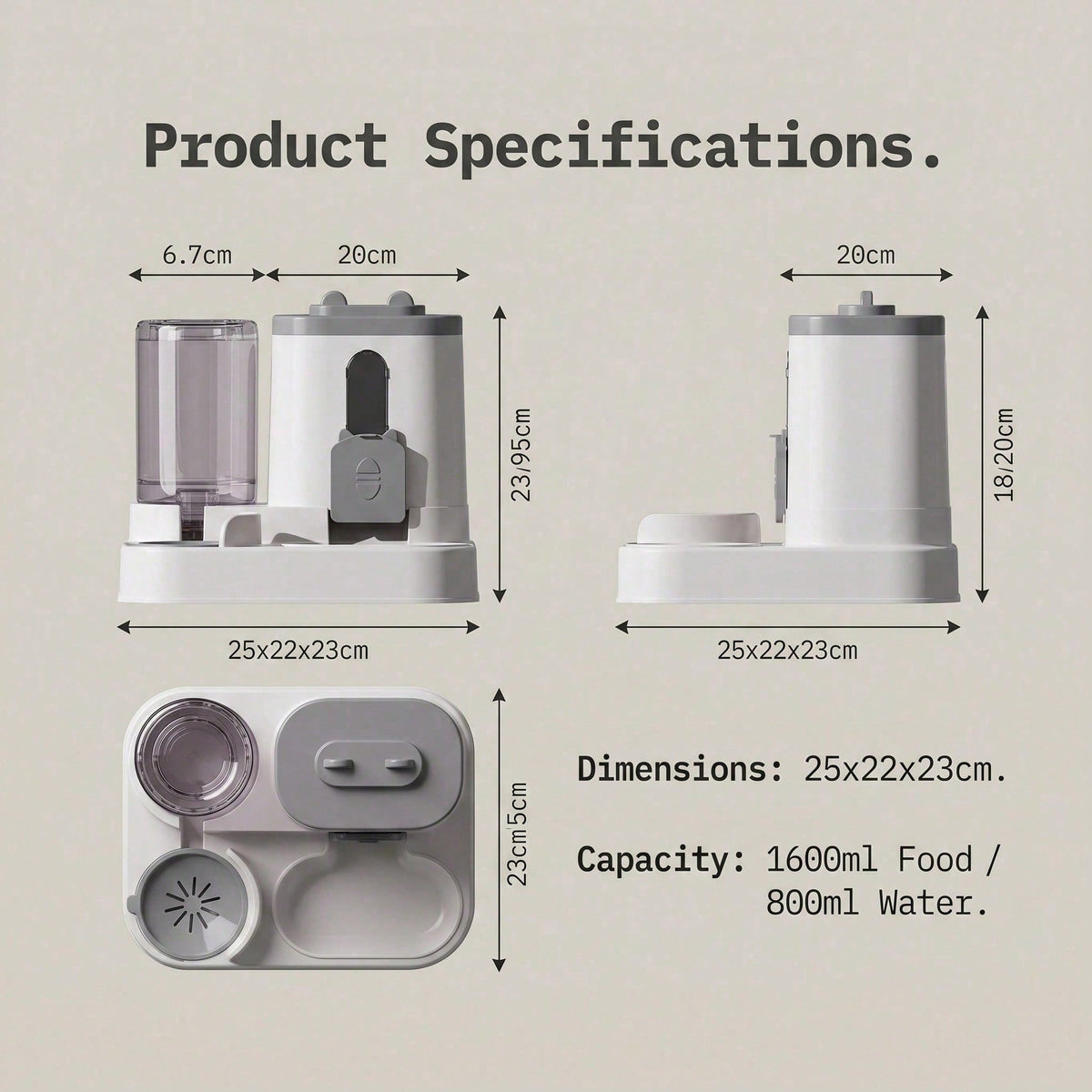 Pet feeder size guide: 25 x 22 x 23cm, 1600ml food, 800ml water