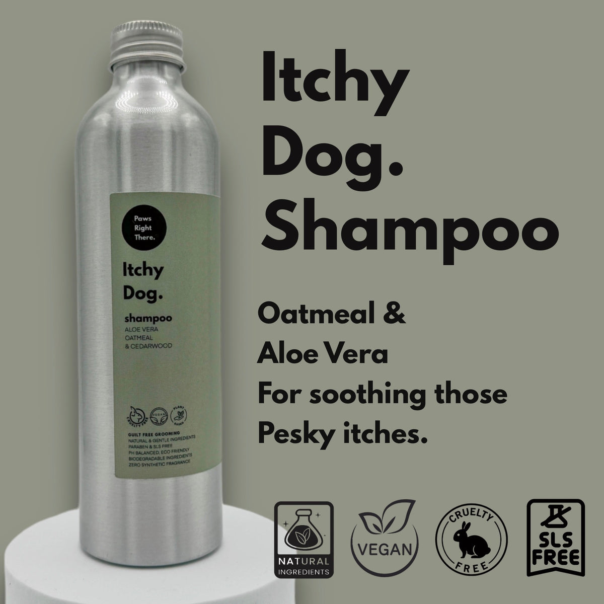 Aluminium bottle of oatmeal and aloe vera dog shampoo on a sage green background