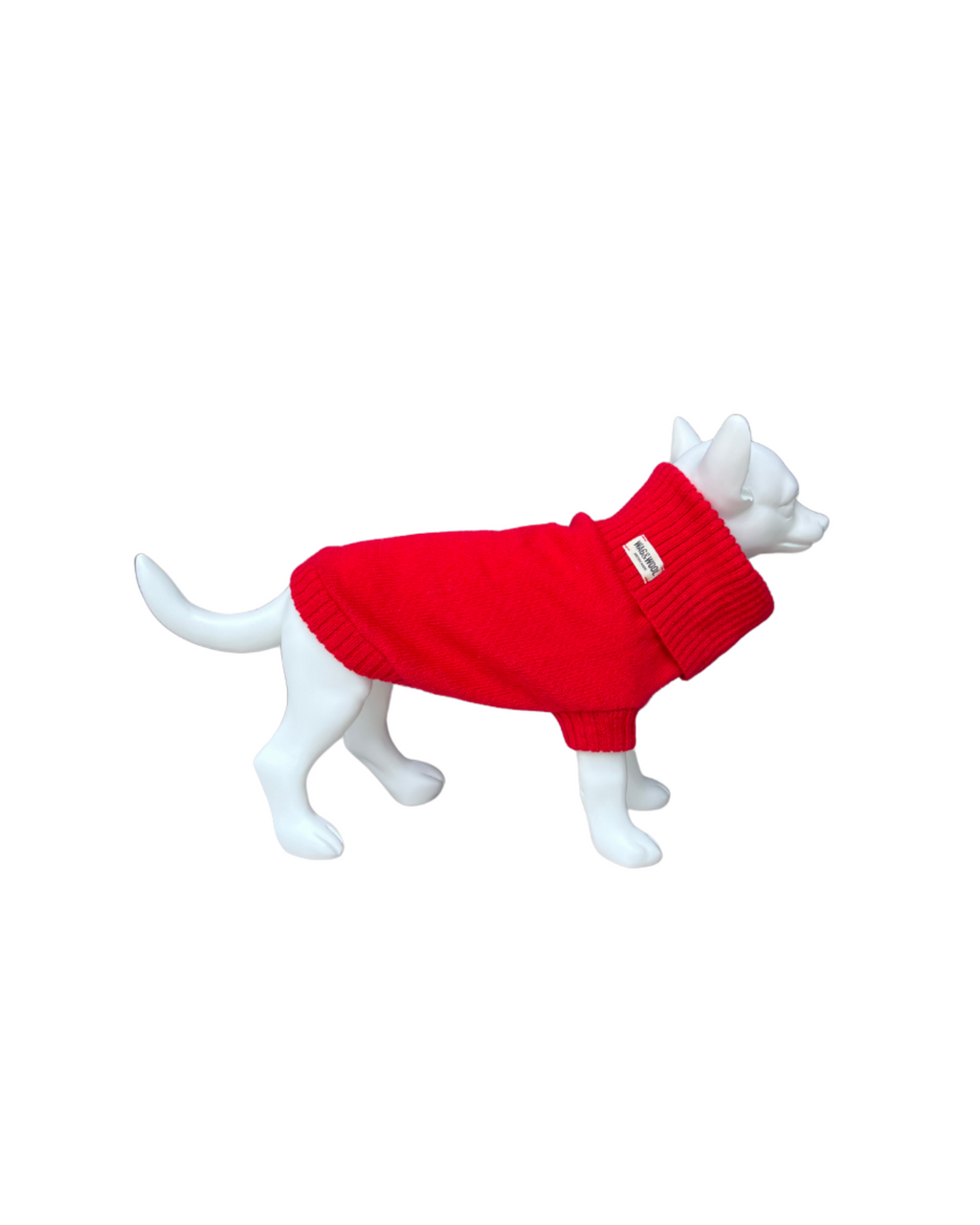 Cherry red British wool dog jumper on a white dog mannequin