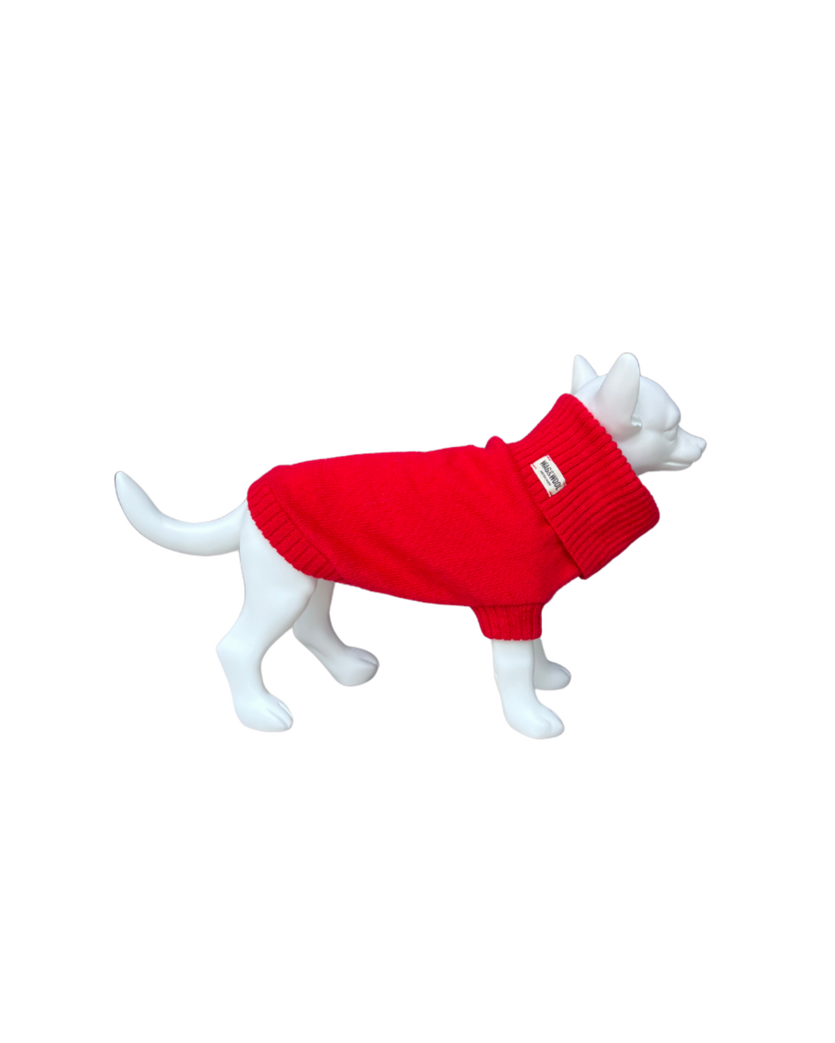 Cherry red British wool dog jumper on a white dog mannequin