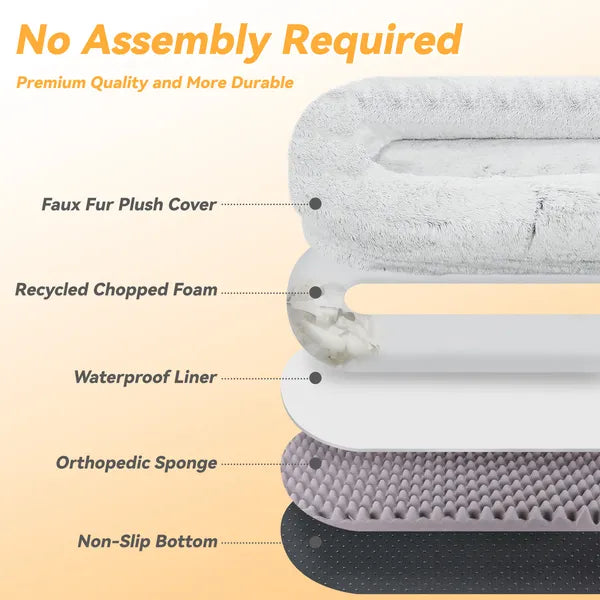 Layers of the giant bed: faux fur cover, foam, waterproof liner and non-slip base