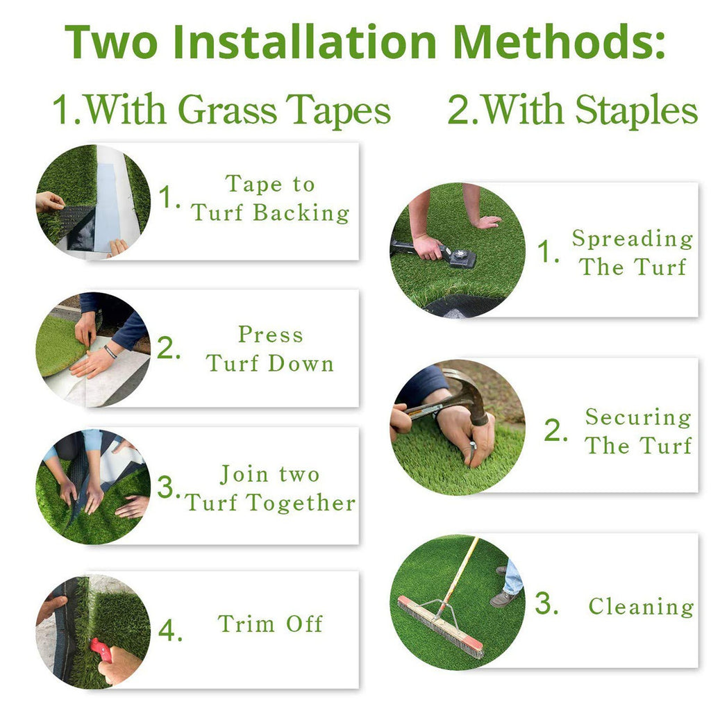Installation steps for artificial grass using tape or garden staples