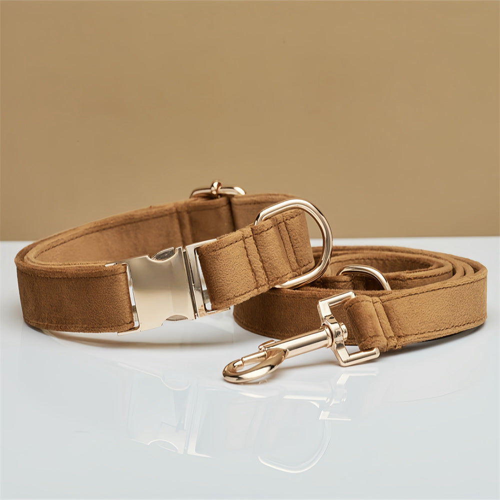 Coffee velvet dog collar and matching lead with gold-tone clip