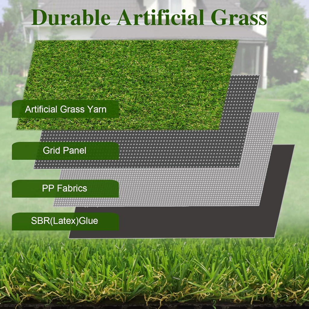 Layers of artificial grass: yarn, grid, PP fabric and latex backing