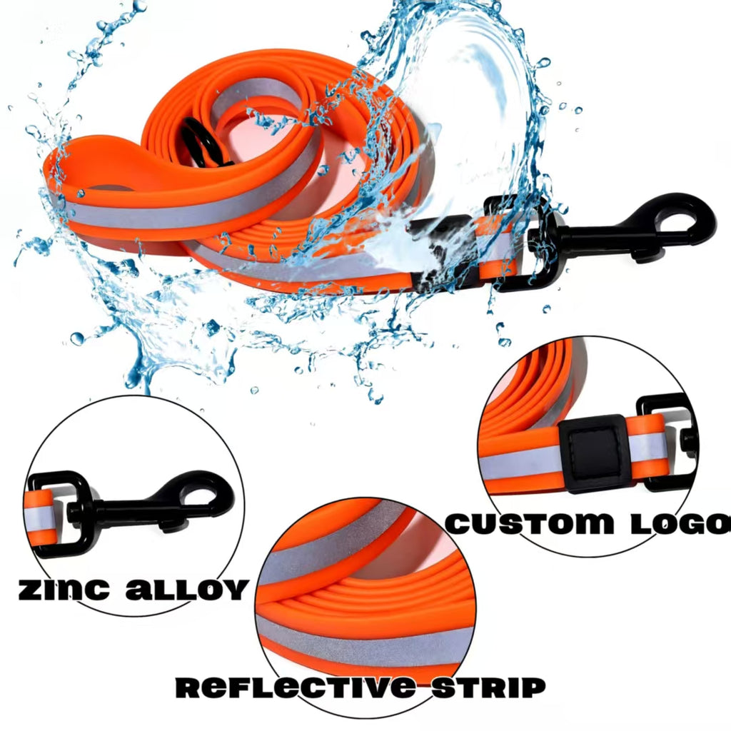 Orange waterproof lead with water splash, metal clip and reflective strip close-ups