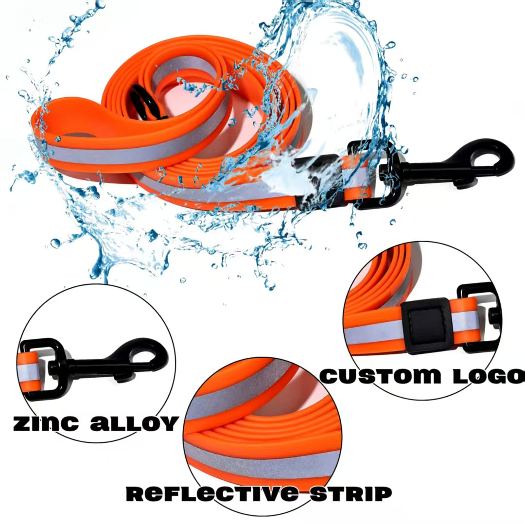 Orange waterproof lead with water splash, metal clip and reflective strip close-ups