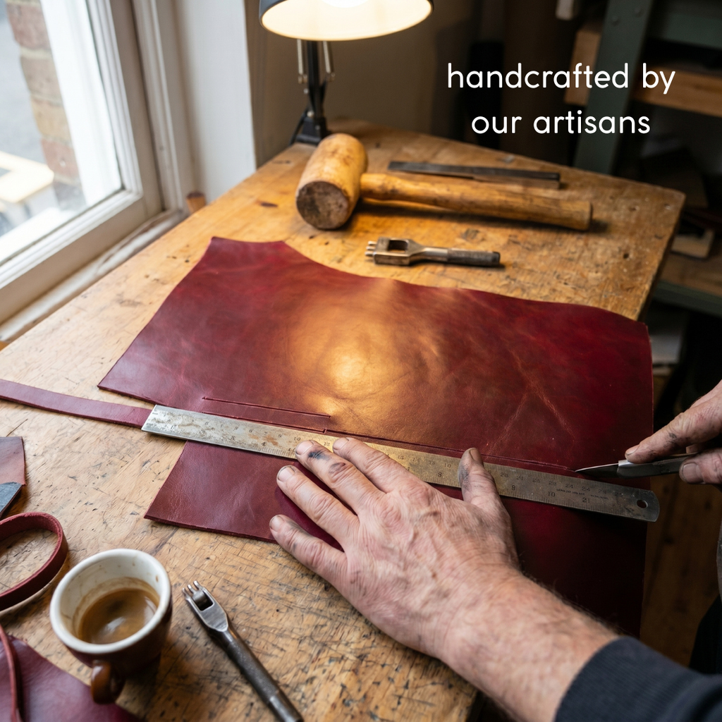 Leather worker cutting red leather on a wooden workbench with hand tools