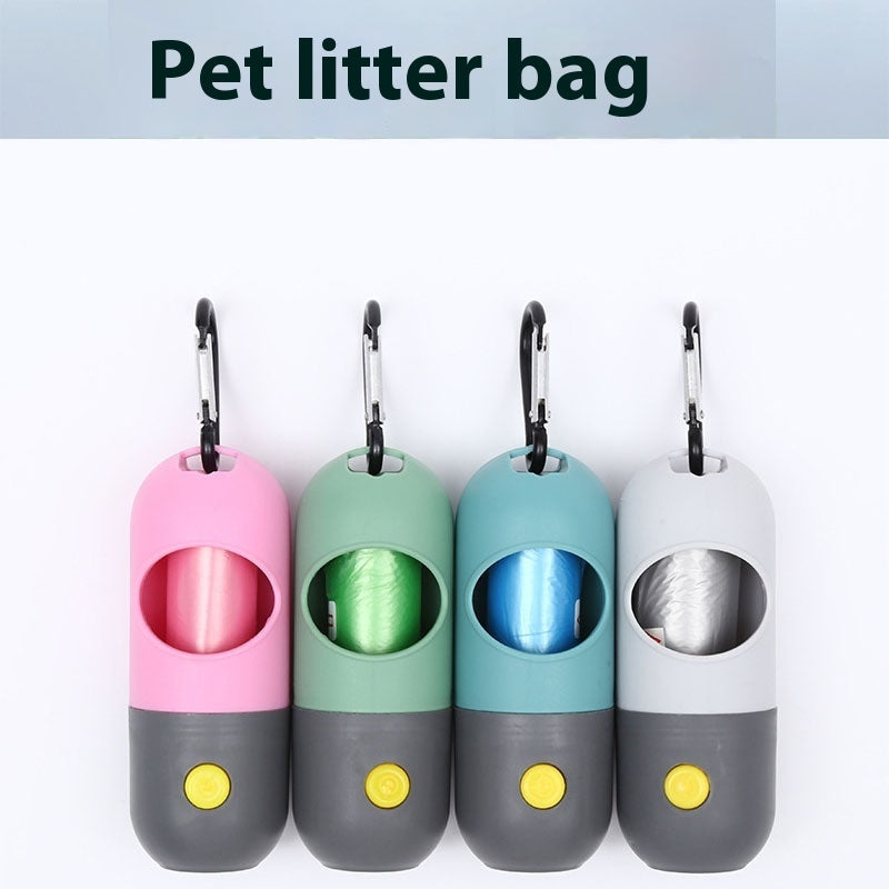 LED poop bag holders in a row with carabiner clips