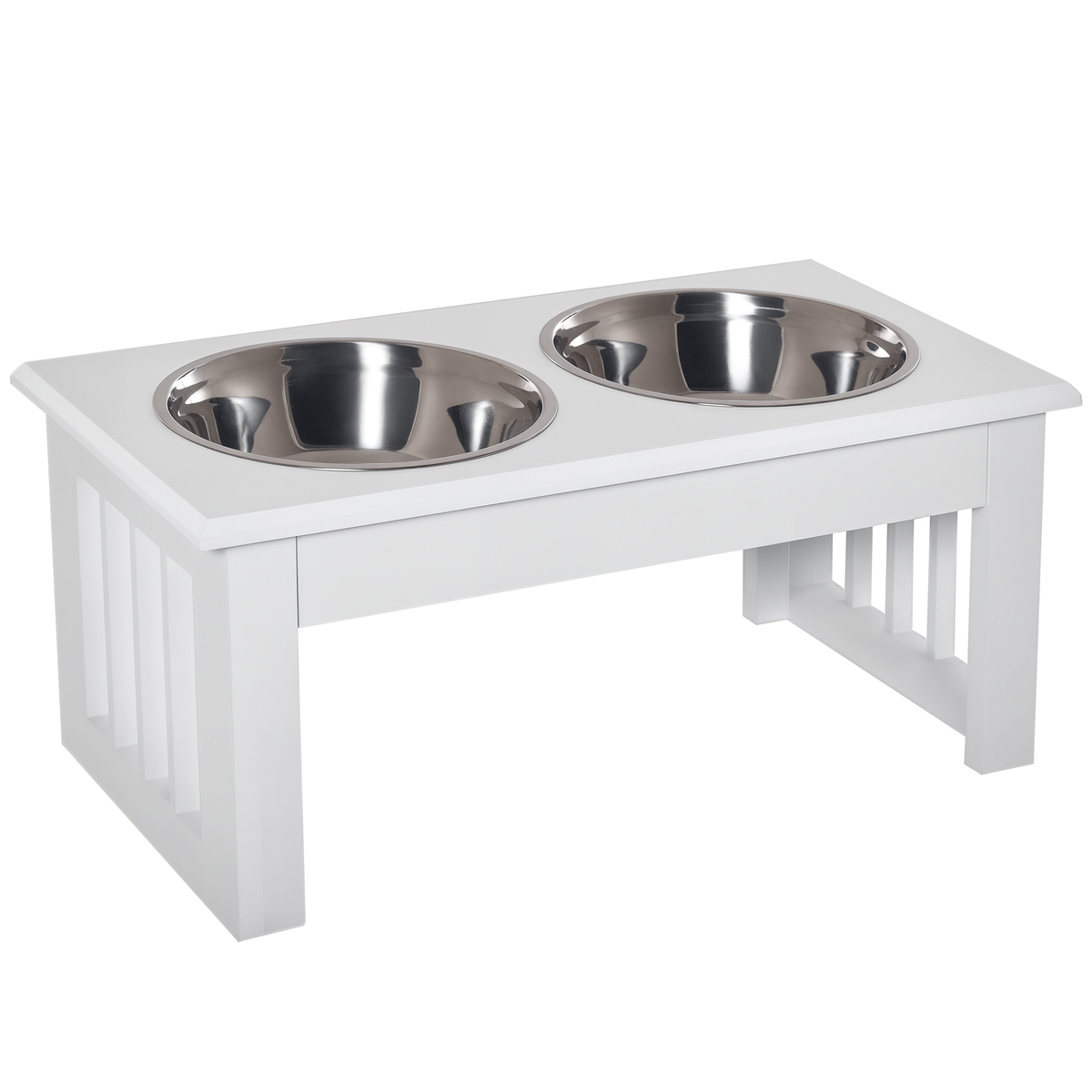 White raised dog feeding station with two stainless steel bowls
