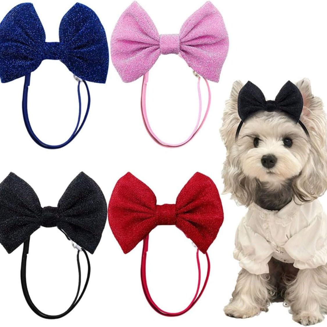 Four sparkly bow headbands in navy, pink, black and red, with a Maltese