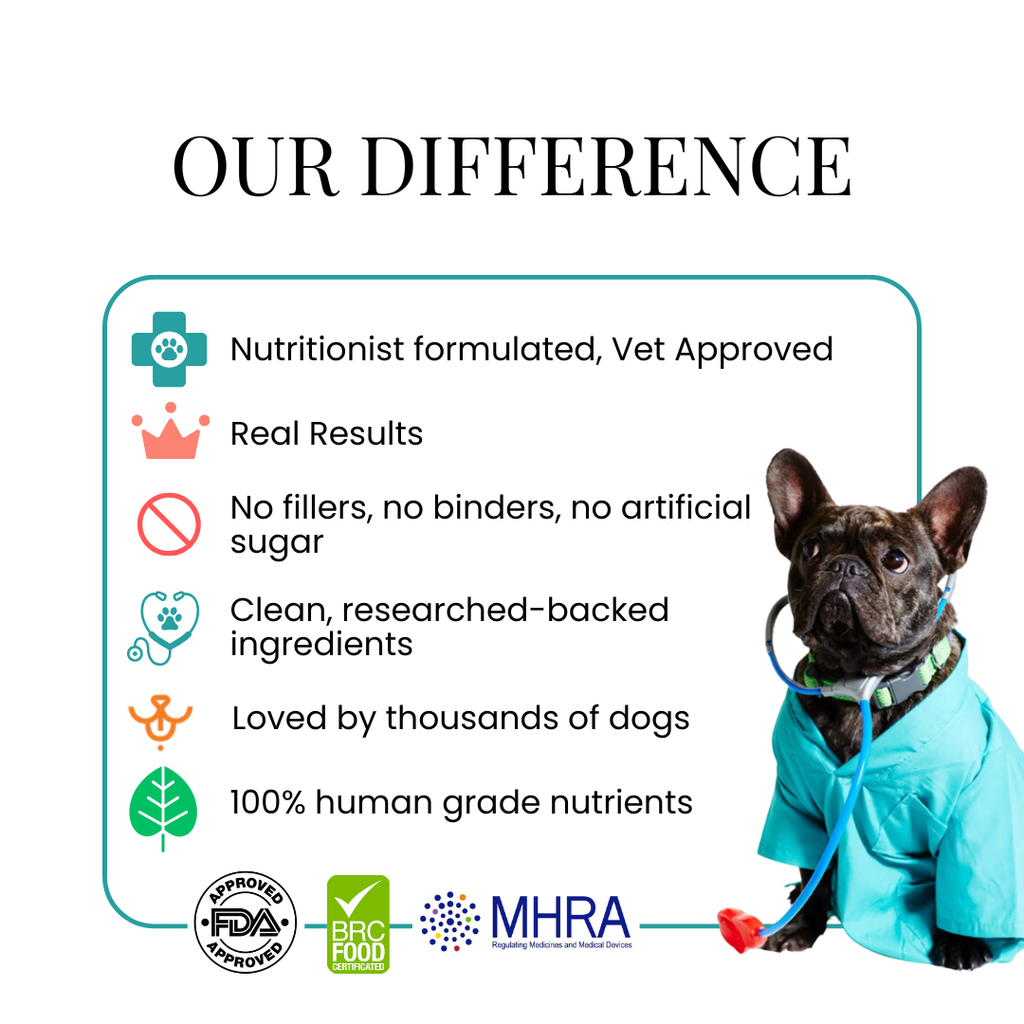 Supplier 'Our Difference' graphic with a French Bulldog in blue scrubs