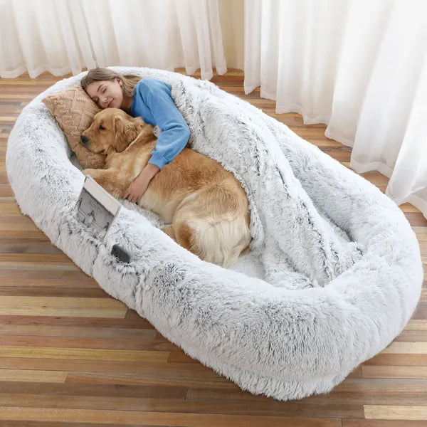 Woman cuddling a golden retriever on a giant grey faux fur human dog bed