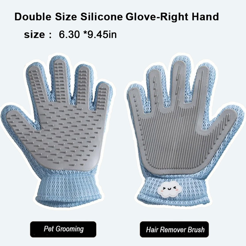 Grooming side and hair remover side of the blue silicone pet glove, approx. 16 x 24cm