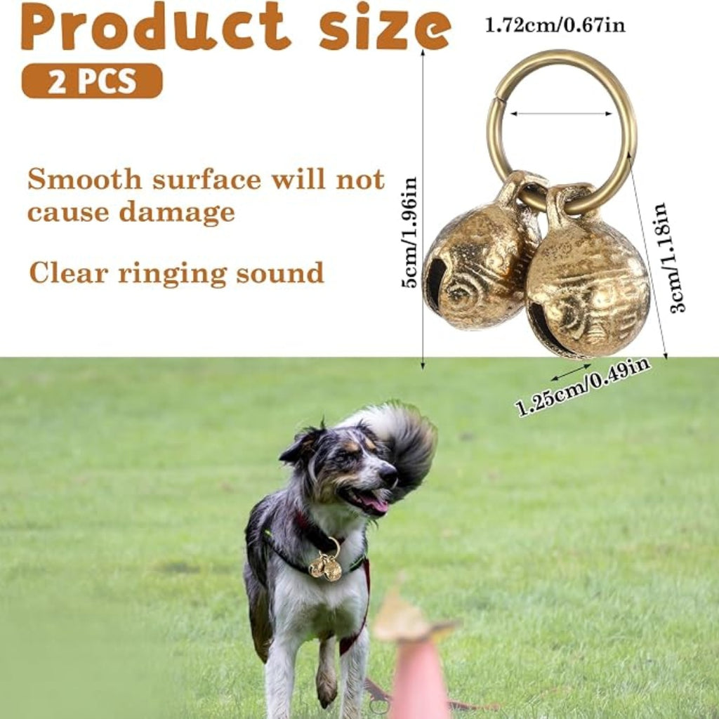 Brass bell size guide above a dog running on grass