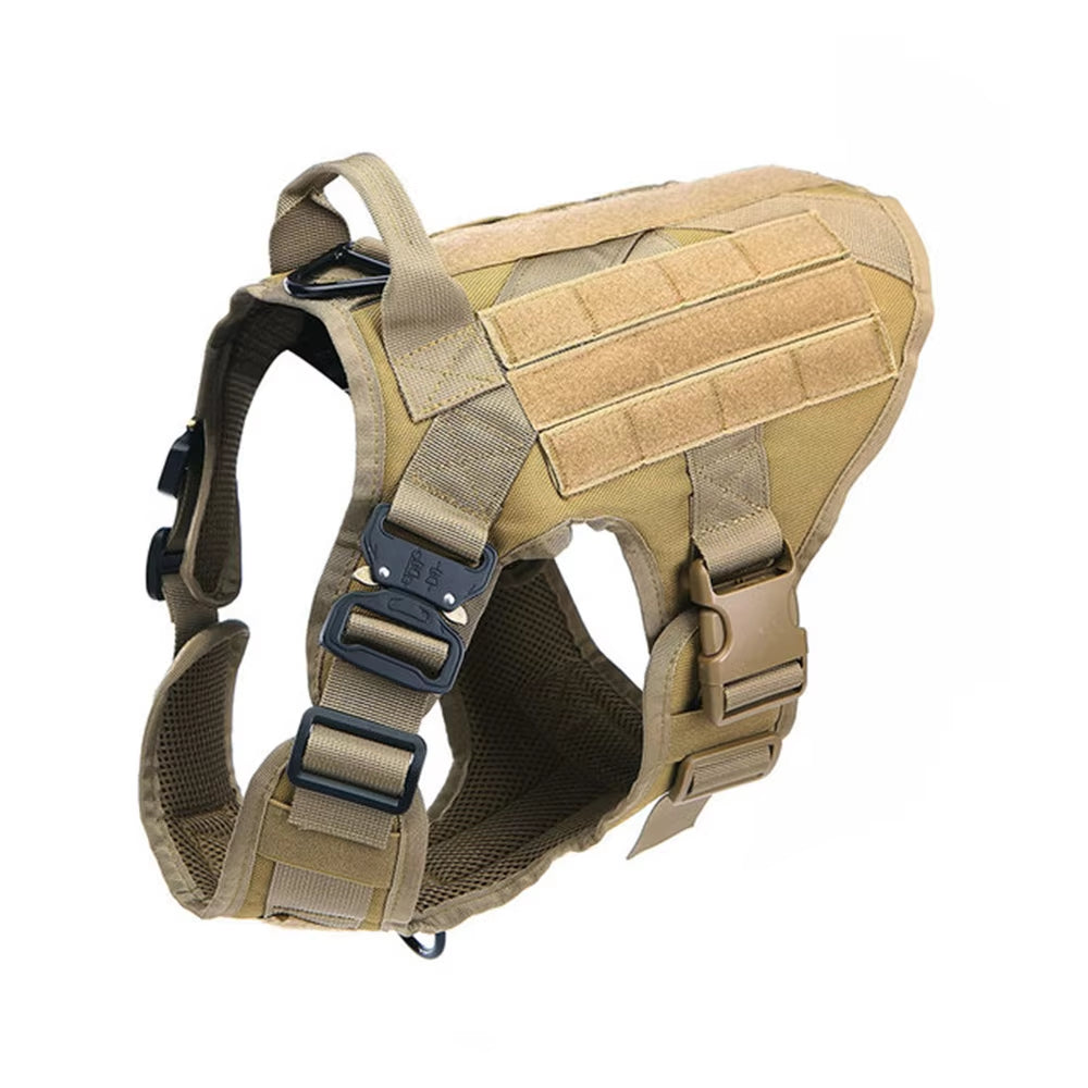 Brown tactical dog harness with top handle and metal buckle