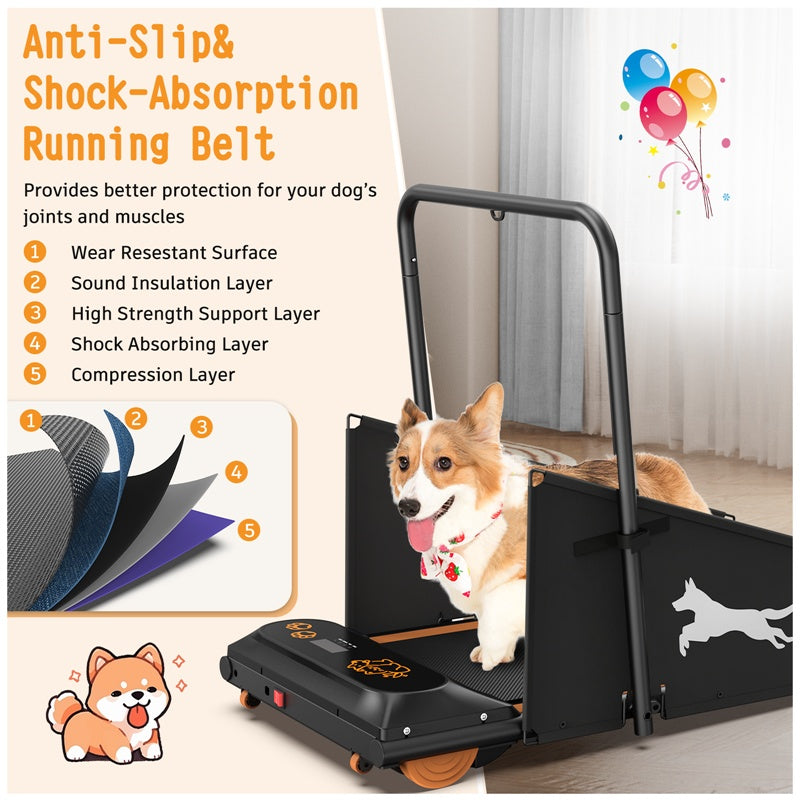 Layered running belt of the dog treadmill, with a corgi on top
