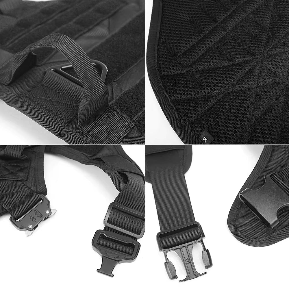 Close-up of tactical harness handle, padded lining and metal buckles