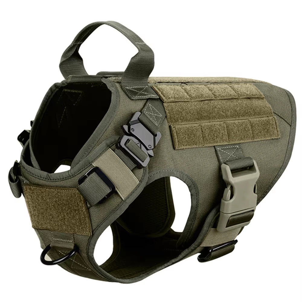 Dark green tactical dog harness, side view